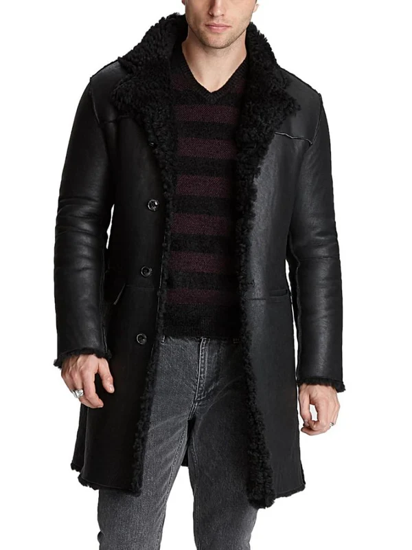 Mens Black Shearling Leather Trench Coat