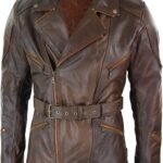 Mens Brown Leather Belted Motorcycle Coat