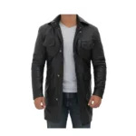 Mens Four Pocket Black Leather Trench Coat