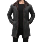 Mens Shearling Lined Black Leather Trench Coat