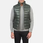 Mens Green Leather Puffer Vest