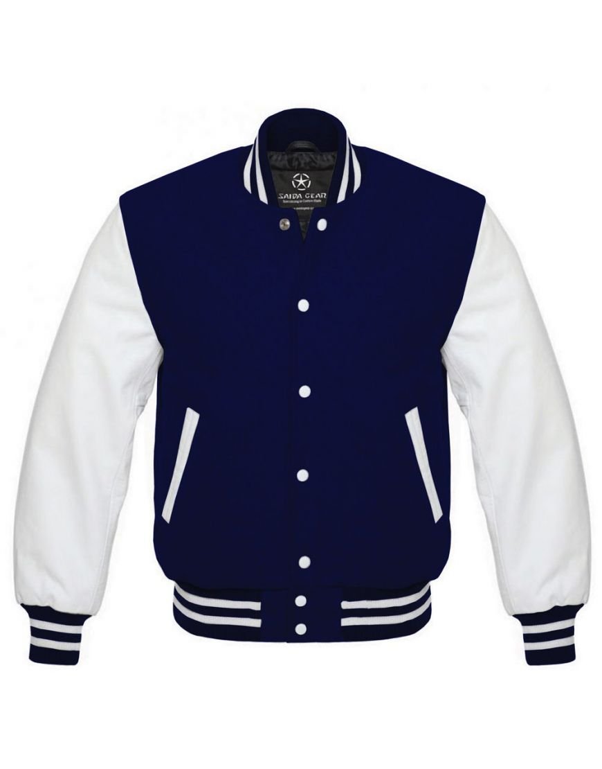 Mens Navy Blue And White Varsity Jacket