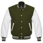 Mens Olive Green And White Varsity Jacket