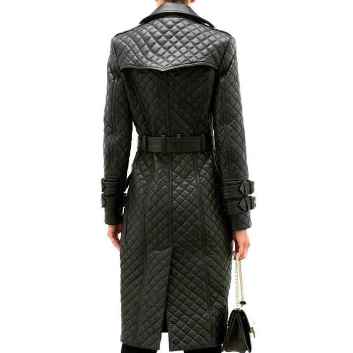 Womens Double Breasted Quilted Leather Trench Coat