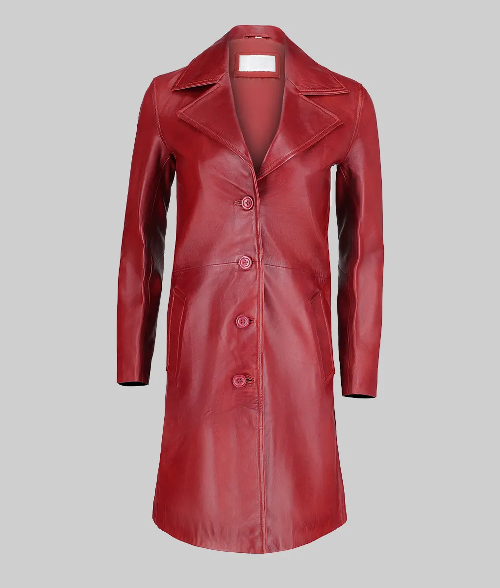 Womens Minimalist Red Leather Trench Coat