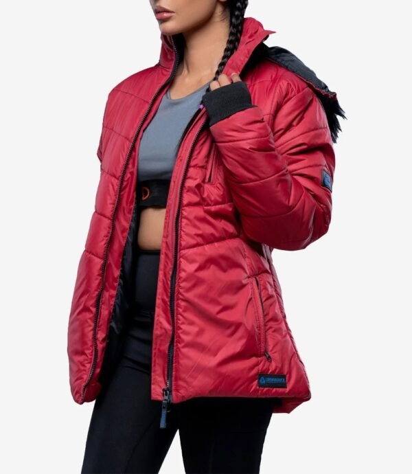 Womens Red Hooded Puffer Jacket – Faux Fur Trim