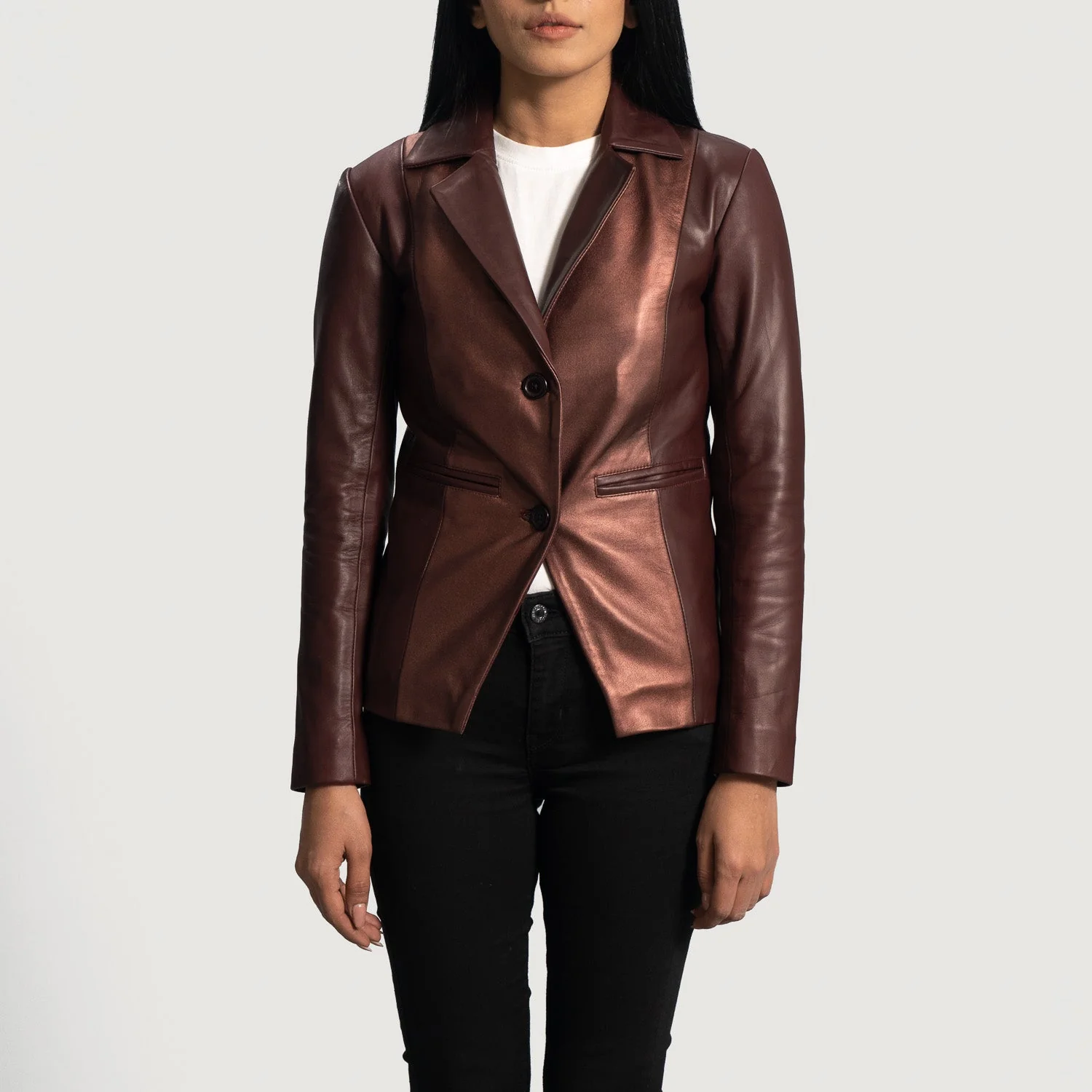 Women Ruby Metallic Maroon Leather Blazer