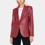 Womens Red Slim Fit Leather Blazer