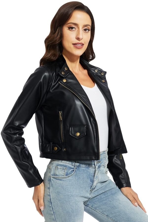 Women Cropped Black Leather Jacket