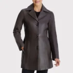 Womens Petite Button Down Leather Coat