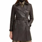 Women Brown Leather Belted Trench Coat