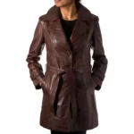 Womens Chocolate Brown Genuine Leather Trench Coat