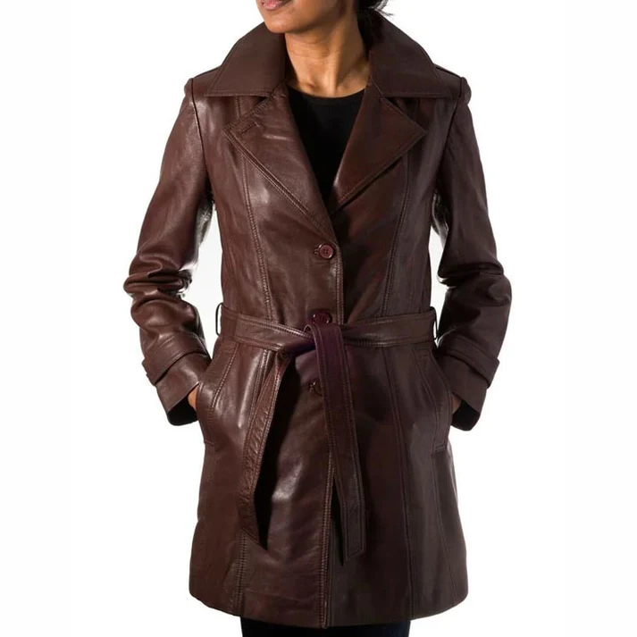 Womens Chocolate Brown Genuine Leather Trench Coat