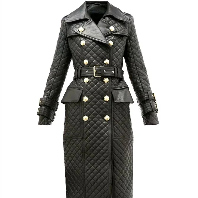 Womens Double Breasted Quilted Leather Trench Coat