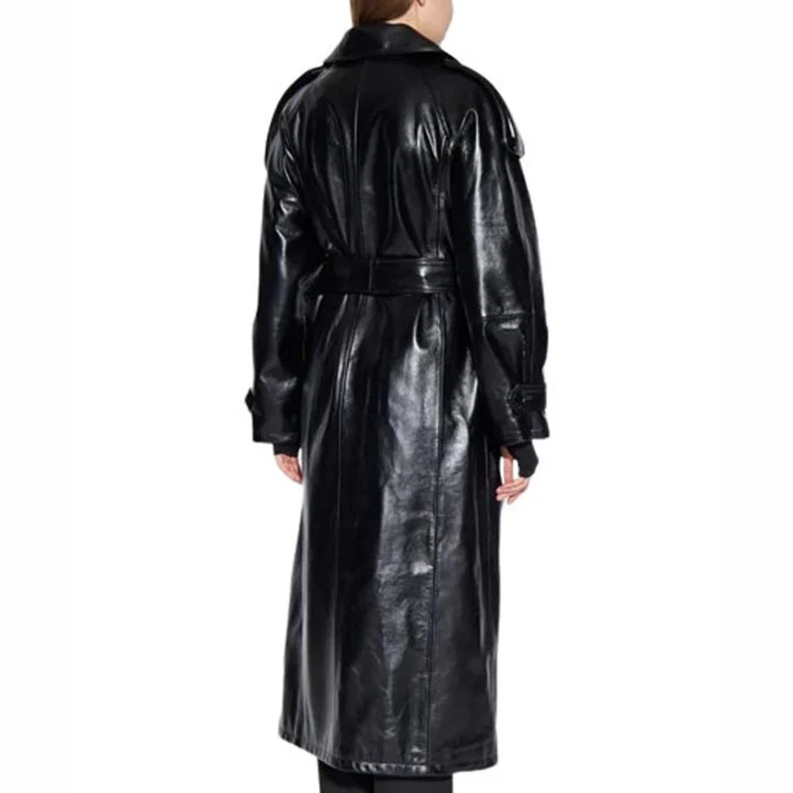 Women Genuine Leather Black Trench Coat