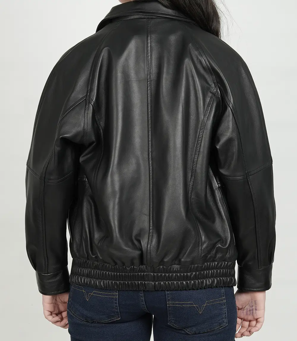 Women Black Oversized Bomber Leather Jacket
