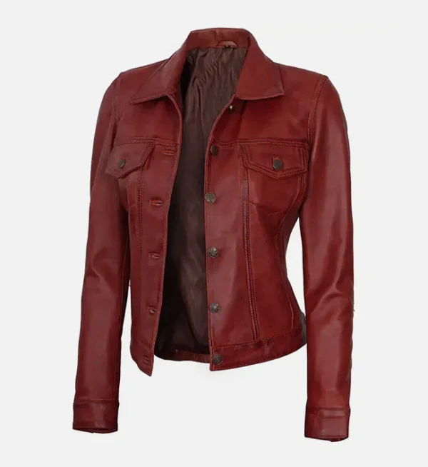 Women Red Leather Trucker Jacket