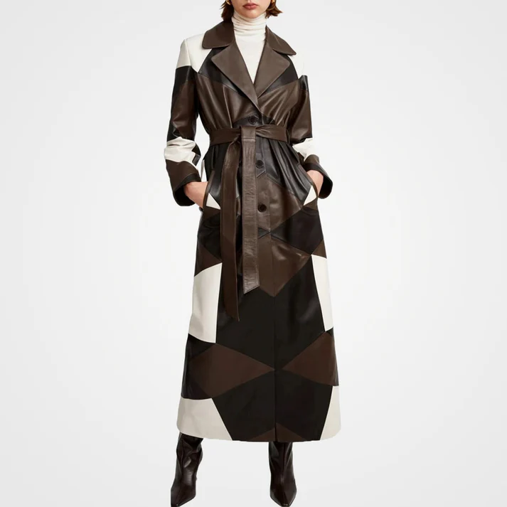 Womens Three Tone Patchwork Leather Coat