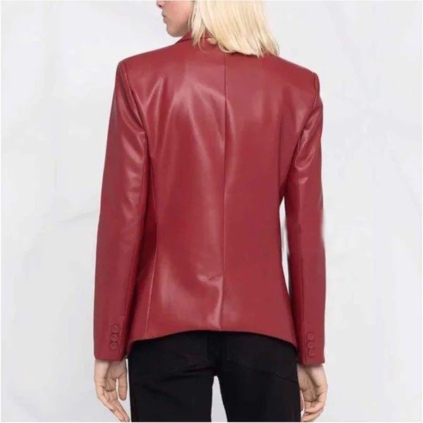 Womens Red Slim Fit Leather Blazer