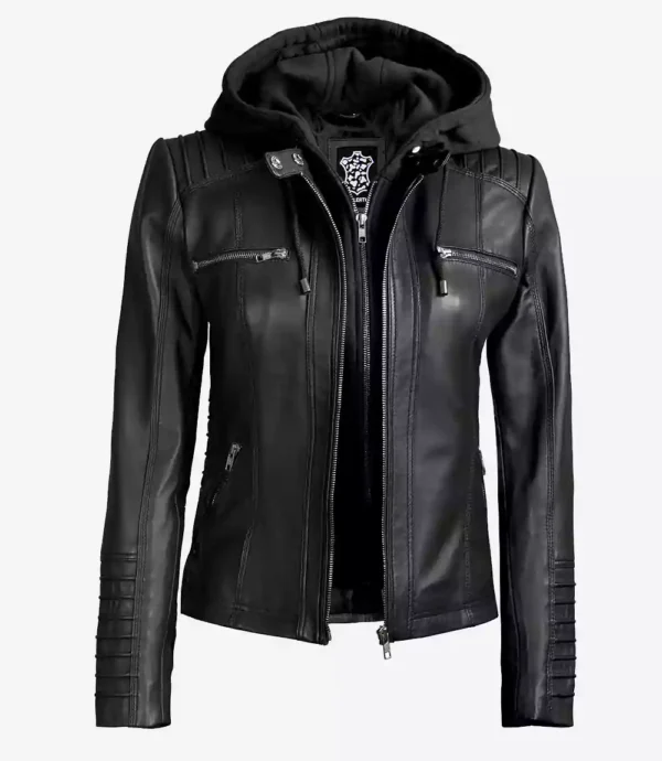 Womens Tall Black Leather Jacket With Removable Hood