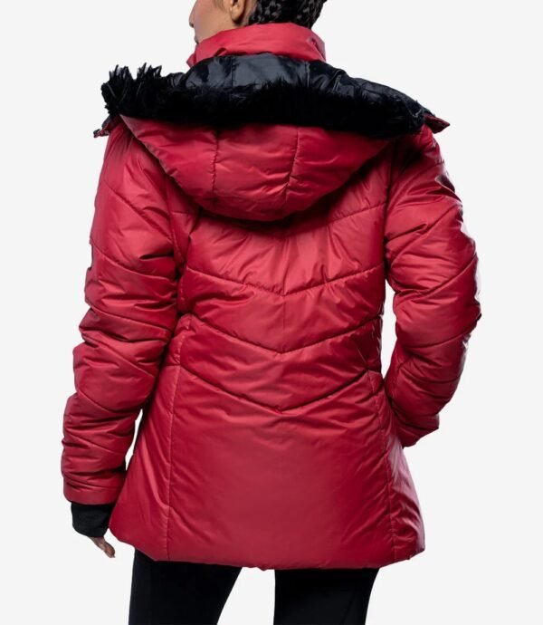Womens Red Hooded Puffer Jacket – Faux Fur Trim