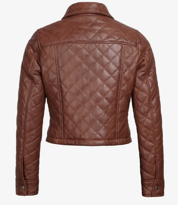 Womens Brown Quilted Cropped Leather Jacket – Bild 2
