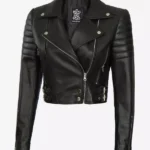 Women Black Cropped Moto Leather Jacket