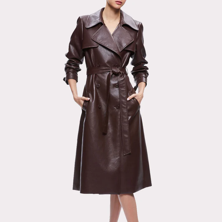 Women Chocolate Brown Leather Trench Coat