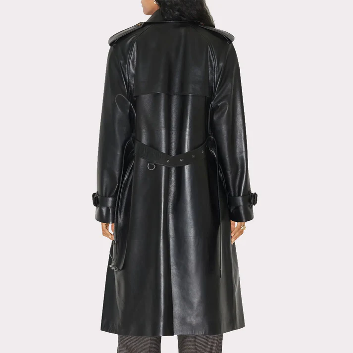 Women Black Leather Trench Coat