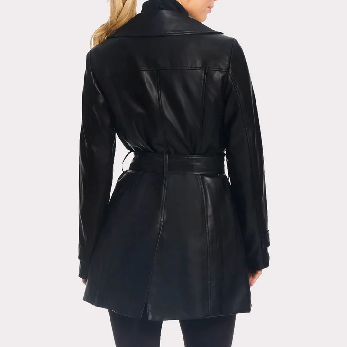 Women Solid Black Leather Trench Coat