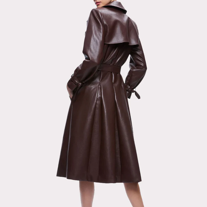Women Chocolate Brown Leather Trench Coat