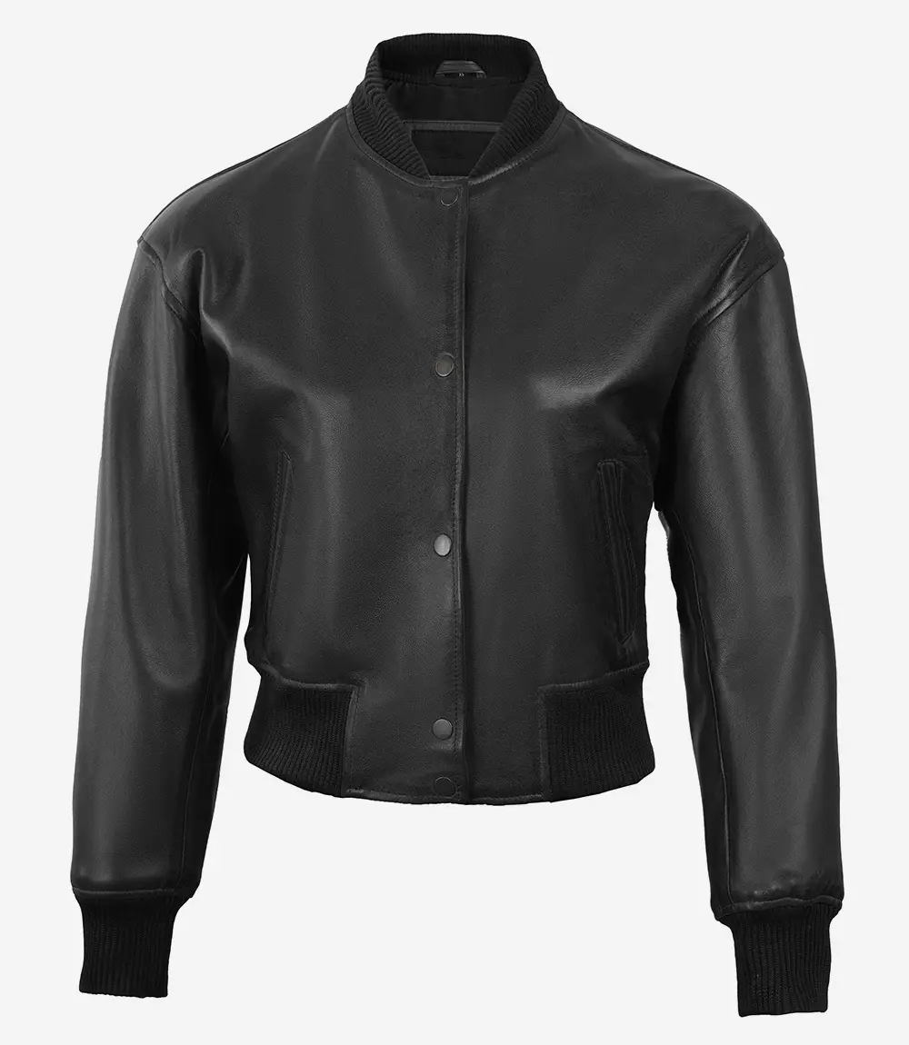 Women's Black Cropped Leather Bomber Jacket