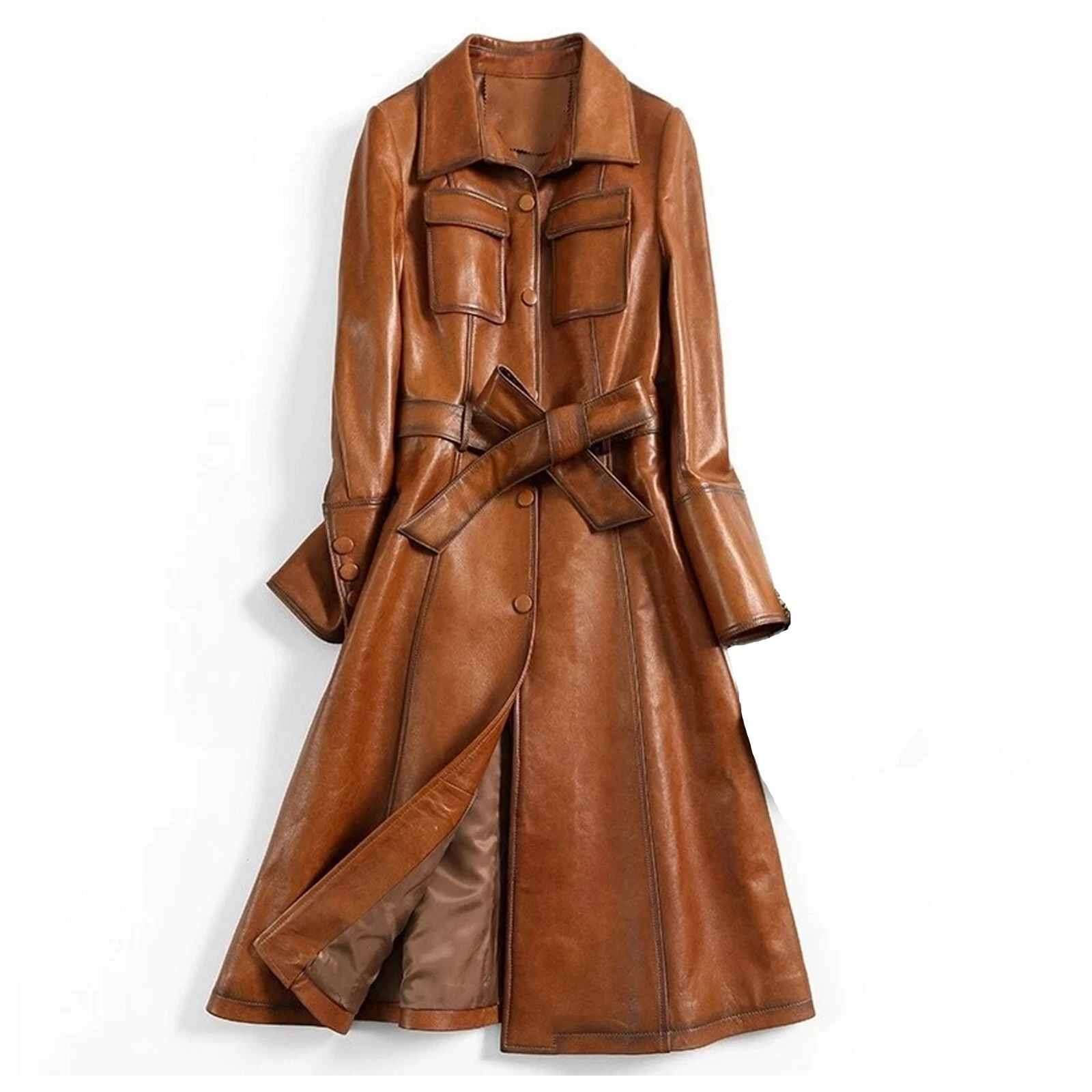 Womens Italian Style Real Leather Trench Coat