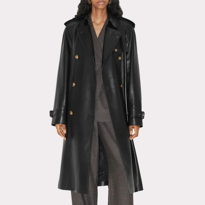 Women Black Leather Trench Coat