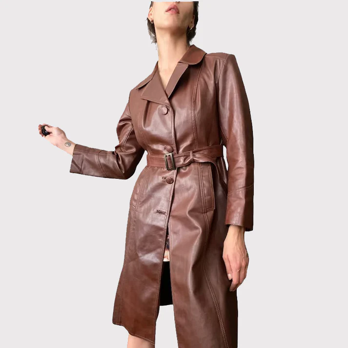 Womens Chocolate Brown Leather Trench Coat