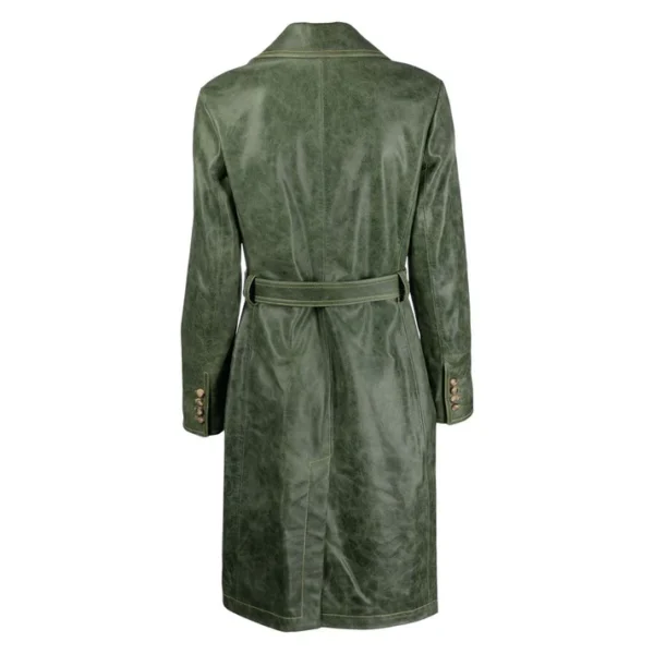 Womens Green Distressed Leather Trench Coat