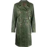 Womens Green Distressed Leather Trench Coat