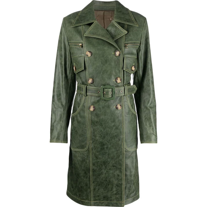 Womens Green Distressed Leather Trench Coat