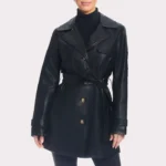 Women Solid Black Leather Trench Coat